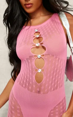 Hot Pink Sheer Seamless Diamond Trim Unitard