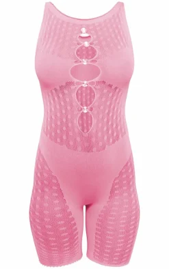 Hot Pink Sheer Seamless Diamond Trim Unitard