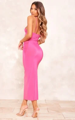 Hot Pink Slinky Cut Out Mesh Cup Halter Detail Maxi Dress