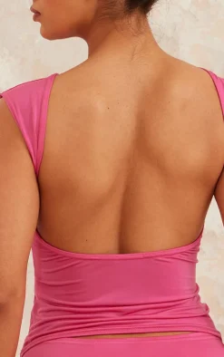 Hot Pink Slinky Open Back Cap Sleeve Longline Top