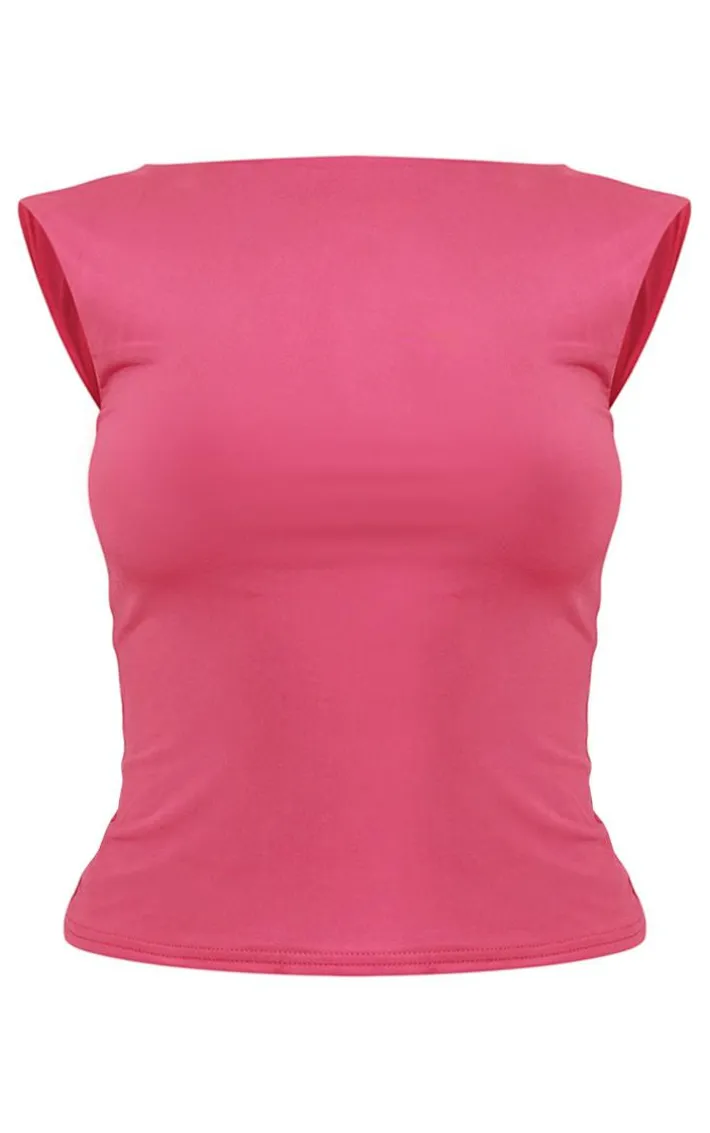 Hot Pink Slinky Open Back Cap Sleeve Longline Top