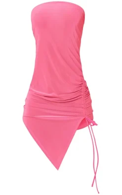 Hot Pink Slinky Ruched Panel Asymmetric Hem Bandeau Bodycon Dress