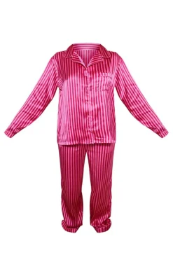 Hot Pink Stripe Print Satin Long PJ Set