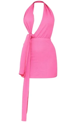 Hot Pink Textured Halterneck Knot Mini Dress