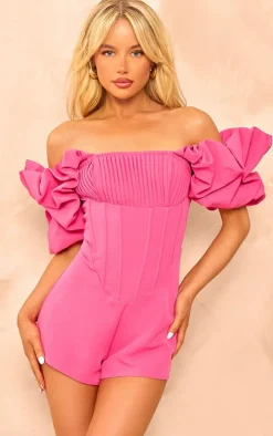 Hot Pink Woven Pleated Corset Bardot Frill Romper