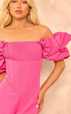 Hot Pink Woven Pleated Corset Bardot Frill Romper