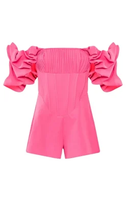 Hot Pink Woven Pleated Corset Bardot Frill Romper