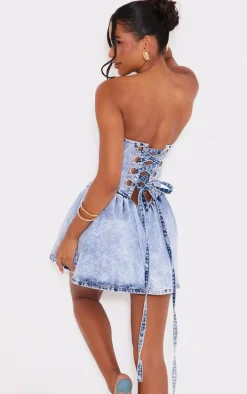 Ice Blue Lace Up Corset Style Back Denim Puffball Dress