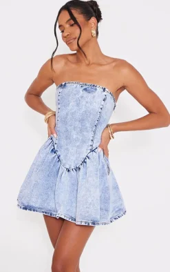 Ice Blue Lace Up Corset Style Back Denim Puffball Dress