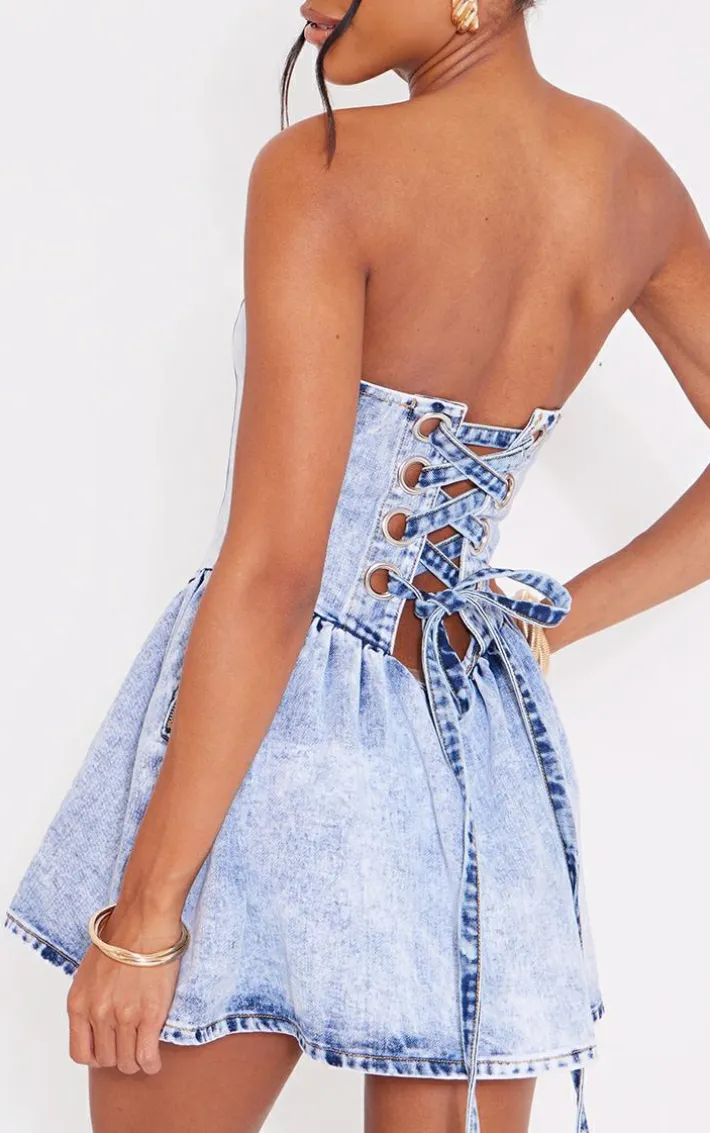 Ice Blue Lace Up Corset Style Back Denim Puffball Dress