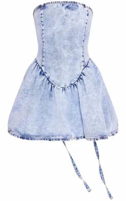 Ice Blue Lace Up Corset Style Back Denim Puffball Dress