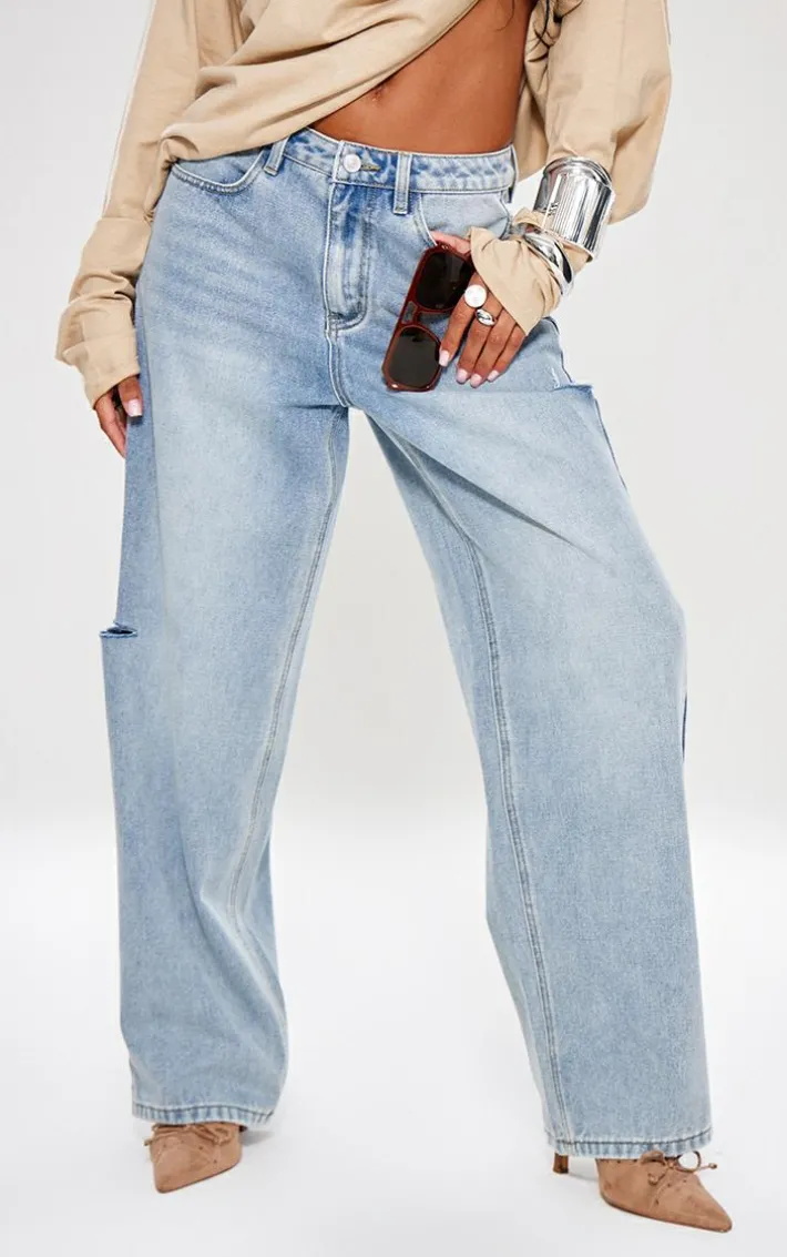 Ice Blue Split Cut Out Denim Boyfriend Jeans