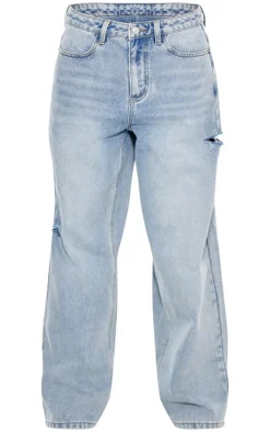 Ice Blue Split Cut Out Denim Boyfriend Jeans