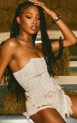 Ice Blue Wash Diamante Frayed Hem Denim Hotpants