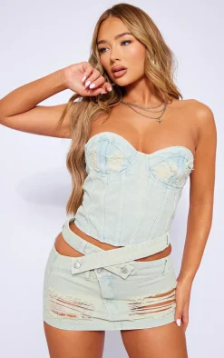 Ice Blue Wash Distressed Cut Out Waistband Denim Mini Skirt