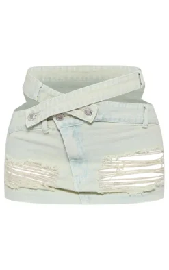 Ice Blue Wash Distressed Cut Out Waistband Denim Mini Skirt