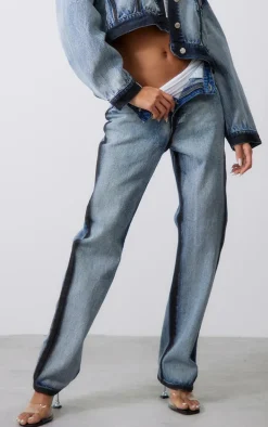 Indigo Blue Wash Contrast Edge Washed Down Straight Leg Denim Jeans