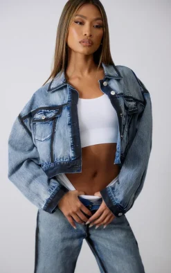 Indigo Blue Wash Contrast Edge Washed Down Cropped Denim Jacket
