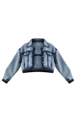 Indigo Blue Wash Contrast Edge Washed Down Cropped Denim Jacket