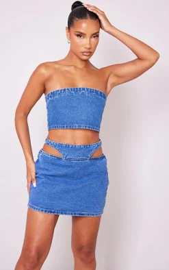 Indigo Blue Wash Cut Out Waistband Denim Mini Skirt