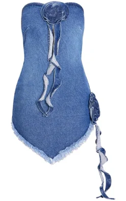 Indigo Blue Wash Flower Raw Hem Denim Mini Dress