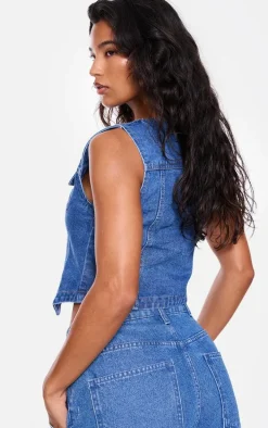 Indigo Blue Wash Halterneck Button Front Denim Vest