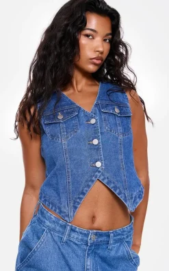 Indigo Blue Wash Halterneck Button Front Denim Vest