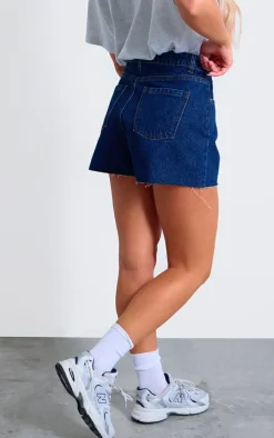 Indigo Blue Wash High Waist Denim Shorts With Contrast Stich