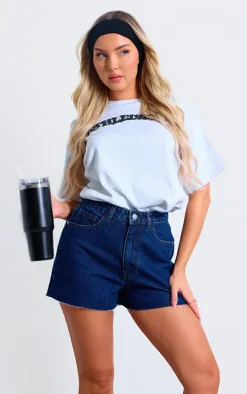 Indigo Blue Wash High Waist Denim Shorts With Contrast Stich