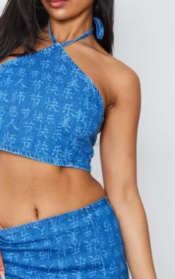 Indigo Blue Wash Laser Print Denim Halterneck Top