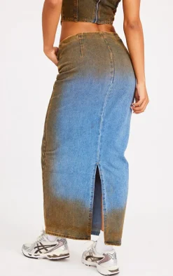 Indigo Blue Wash Overdyed Denim Midi Skirt