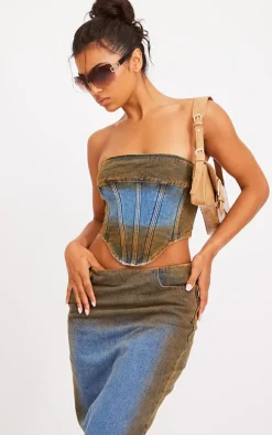 Indigo Blue Wash Overdyed Denim Midi Skirt