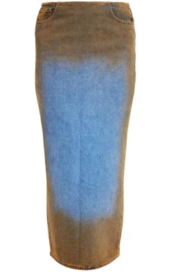 Indigo Blue Wash Overdyed Denim Midi Skirt