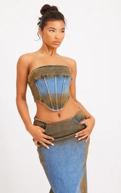 Indigo Blue Wash Overdyed Seam Detail Denim Corset Top