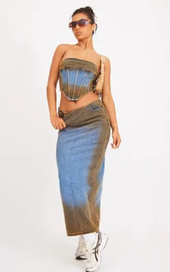 Indigo Blue Wash Overdyed Seam Detail Denim Corset Top