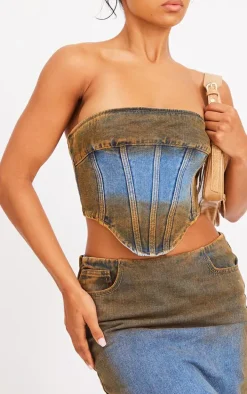 Indigo Blue Wash Overdyed Seam Detail Denim Corset Top