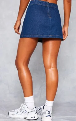 Indigo Blue Wash Pocket Front Reverse Look Denim Mini Skirt