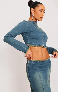 Indigo Blue Wash Raw Hem Long Sleeve Denim Top