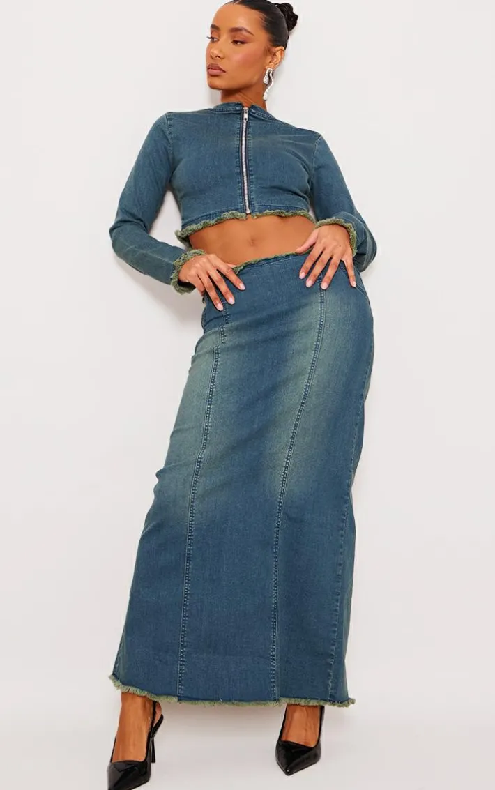 Indigo Blue Wash Raw Hem Long Sleeve Denim Top