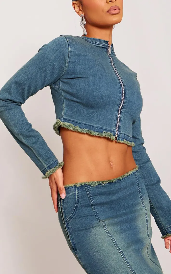 Indigo Blue Wash Raw Hem Long Sleeve Denim Top