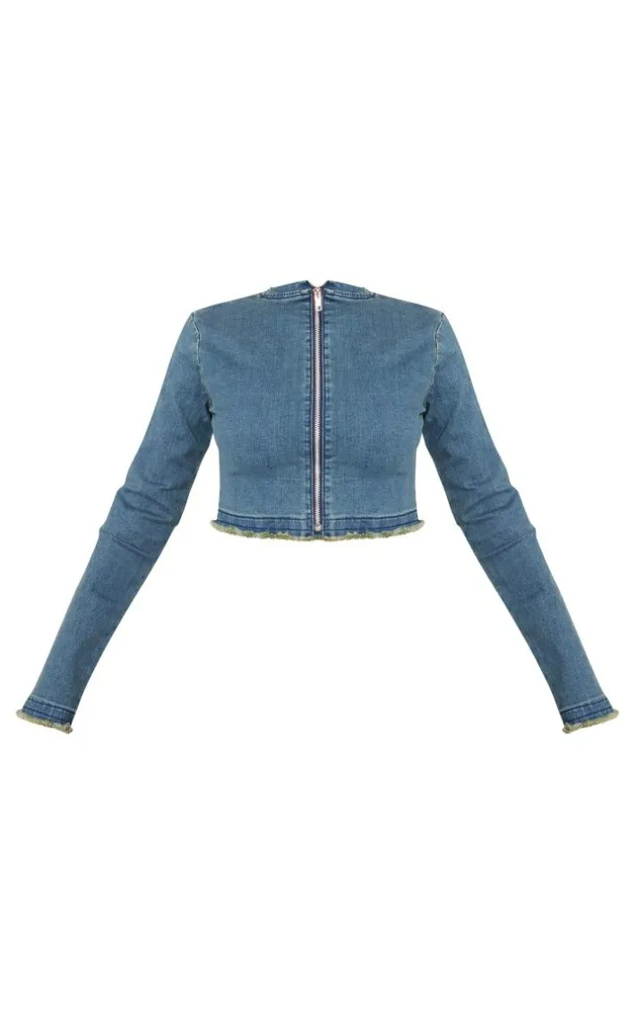 Indigo Blue Wash Raw Hem Long Sleeve Denim Top