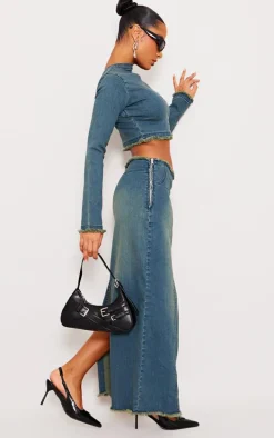 Indigo Blue Wash Raw Hem Denim Maxi Skirt