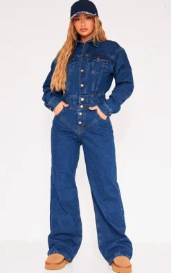 Indigo Blue Wash Seam Detail Button Up Denim Jumpsuit