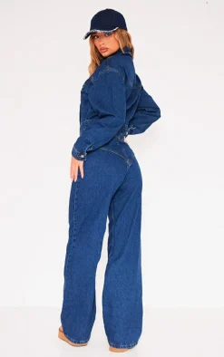 Indigo Blue Wash Seam Detail Button Up Denim Jumpsuit