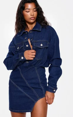 Indigo Blue Wash Seam Detail Curved Hem Denim Mini Dress