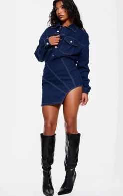 Indigo Blue Wash Seam Detail Curved Hem Denim Mini Dress
