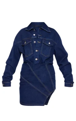 Indigo Blue Wash Seam Detail Curved Hem Denim Mini Dress