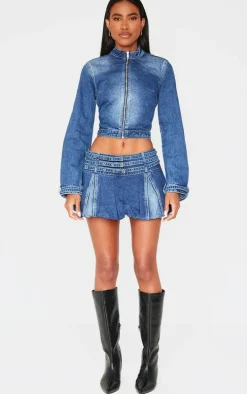 Indigo Buckle Detail Cropped Moto Jacket