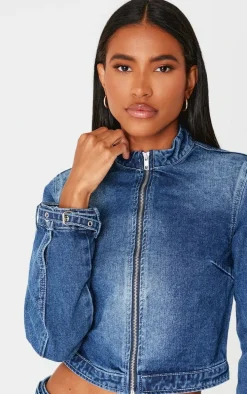 Indigo Buckle Detail Cropped Moto Jacket