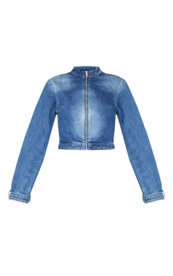 Indigo Buckle Detail Cropped Moto Jacket